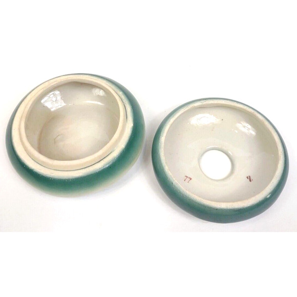 Antique Porcelain Hair Receiver Green Floral Vanity Decor 2 Piece Marked #77 - Picture 3 of 9